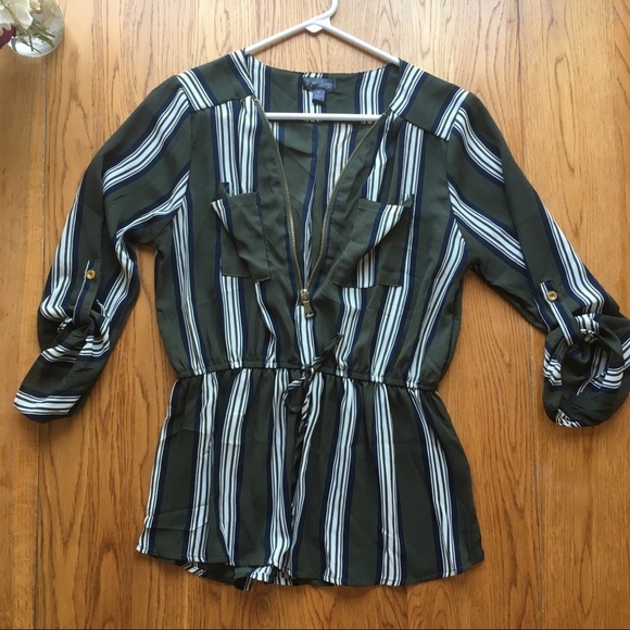 Olive Stripe Blouse with Zipper - Picture 1 of 2